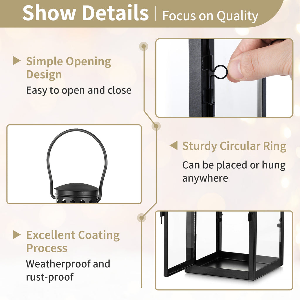 Lanternes noires décoratives d'intérieur : 9,5 pouces lanterne hurricane de mariage suspendue avec verre transparent support à bougie de style maison de campagne pour salon table de