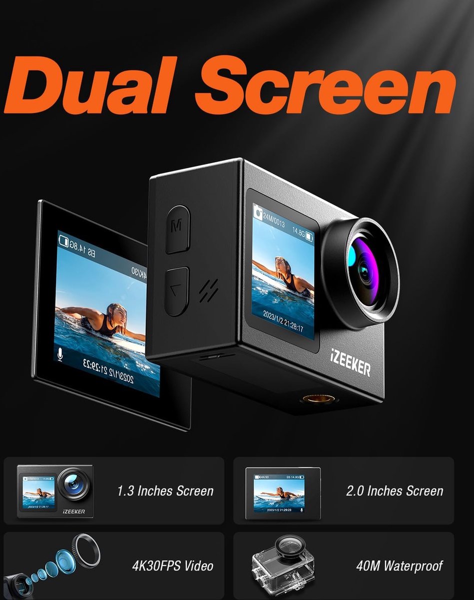 iZEEKER iA200 Caméra d'action 4K 30 fps 20 MP 40 m étanche