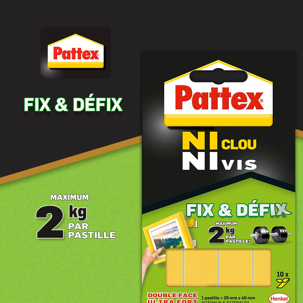 Henkel Pattex – Ni Clou Ni Vis Fix & Défix (10 pastilles de 20 x 40 mm) – Adhésif de fixation surpuissant facilement démontable – Adhésif double face pour toutes surfaces et objets