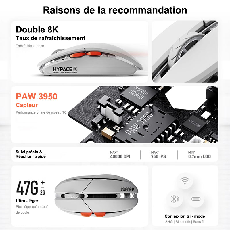 lofree Hypace souris Bluetooth, cadre en alliage de magnésium + coque en PC, connexion triple mode (Bluetooth/2.4G/filaire), capteur laser PAW3950, gris clair, OE923