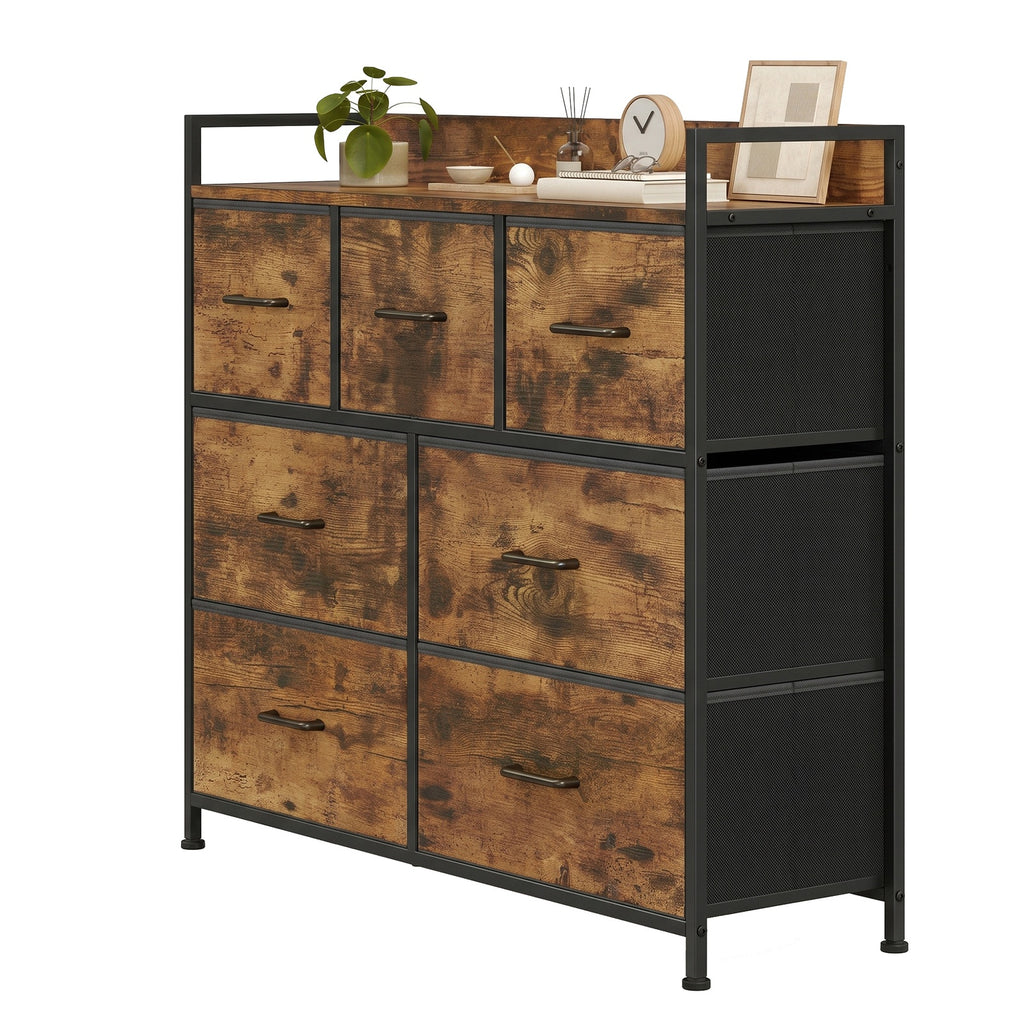 JOYFURNOS Commode à 7 tiroirs en tissu avec poignées –98x28.5x85cm Brun Rustique & Noir Encre, cadre métallique – grande armoire de chambre pour vêtements et linge de maison