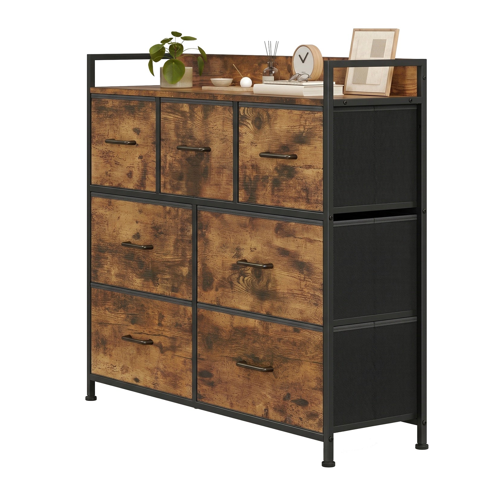 JOYFURNOS Commode à 7 tiroirs en tissu avec poignées –98x28.5x85cm Brun Rustique & Noir Encre, cadre métallique – grande armoire de chambre pour vêtements et linge de maison