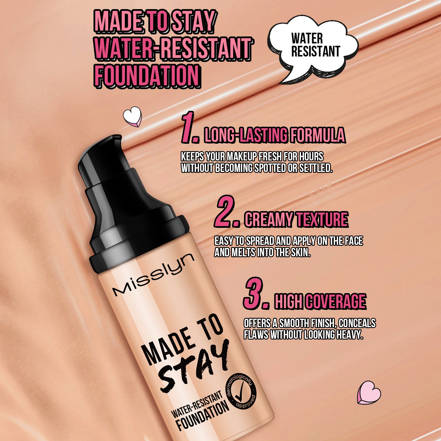 Misslyn Fond de teint longue tenue résistant à l’eau 250 Beige authentique
