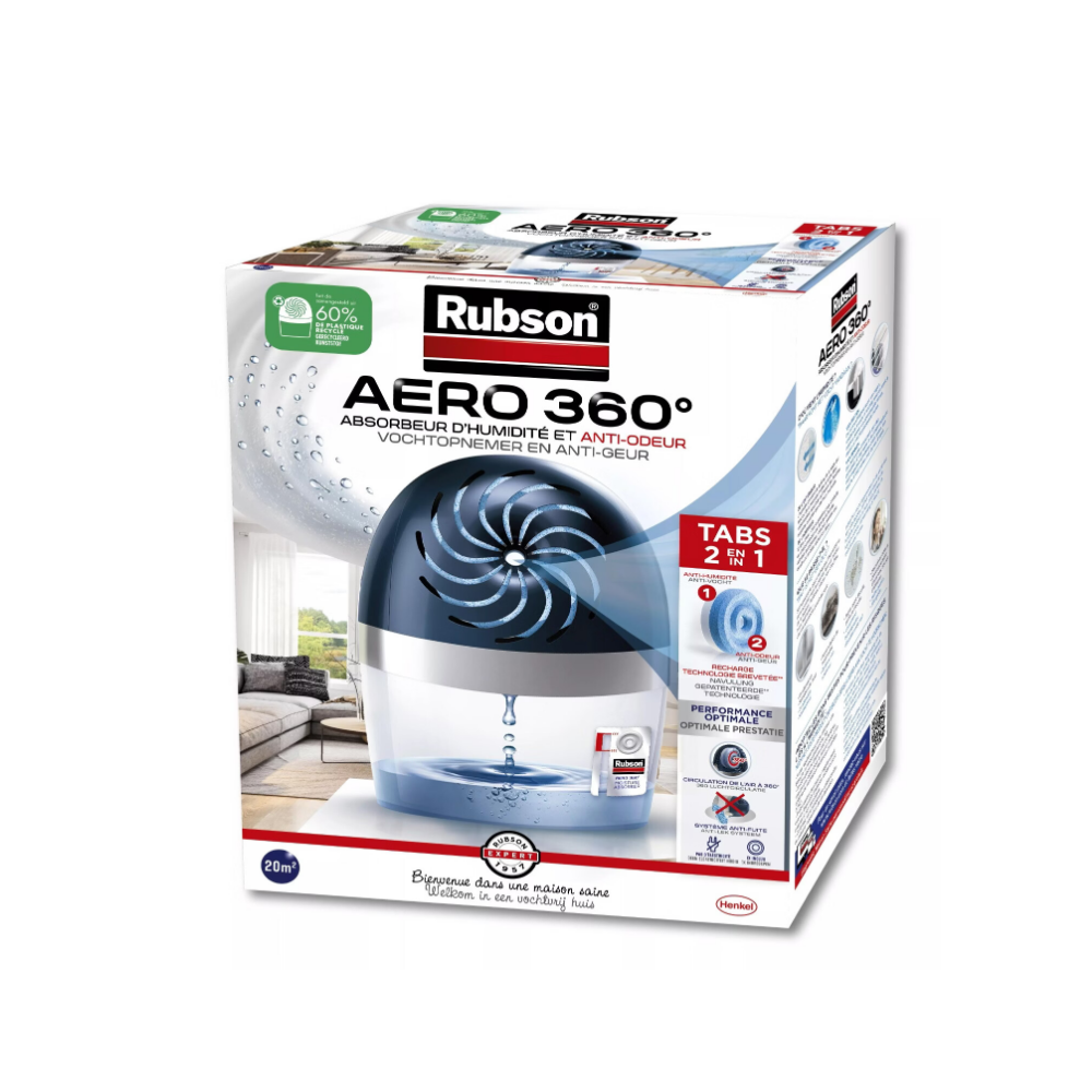 Rubson - Absorbeur d'Humidité Aero 360 pour pièces de 20 m² – Déshumidificateur d'air anti odeurs et anti moisissure – 1 recharge neutre de 450 g incluse