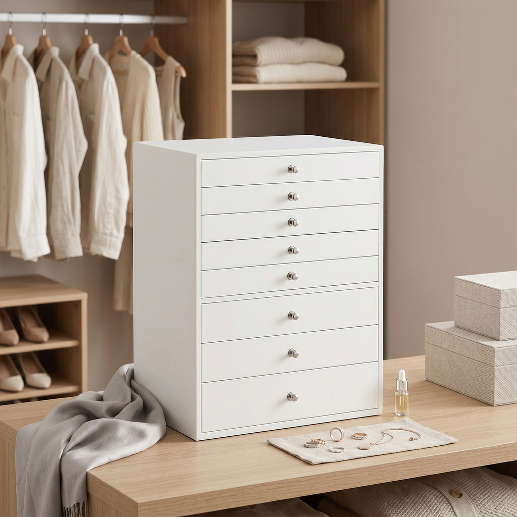 JOYFURNOS Organisateur de bijoux avec tiroirs, Boîte de rangement à 8 niveaux, Grande capacité, Idée cadeau moderne, Pour chambre, Blanc