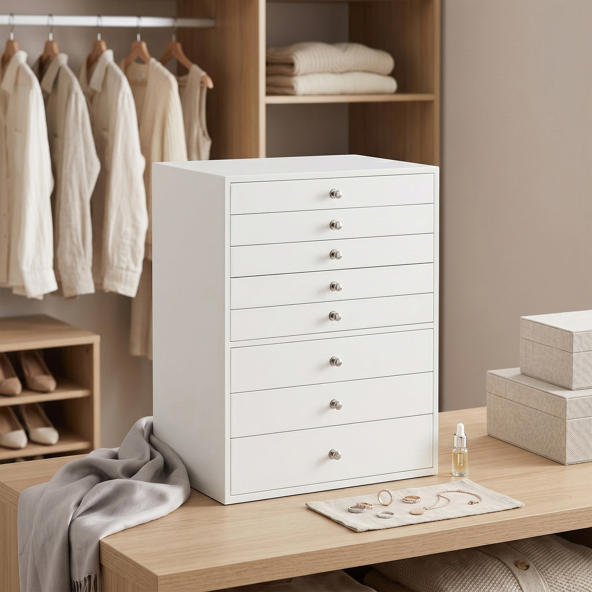 JOYFURNOS Organisateur de bijoux avec tiroirs, Boîte de rangement à 8 niveaux, Grande capacité, Idée cadeau moderne, Pour chambre, Blanc