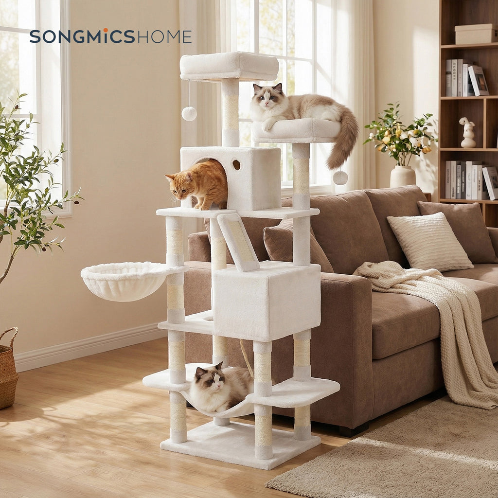 JOYFURNOS Arbre à chat, grande tour pour chat de 168 cm avec 13 poteaux à griffer, 1 rampe à griffer, 2 perchoirs, 2 niches, panier, hamac, pompons, blanc crème