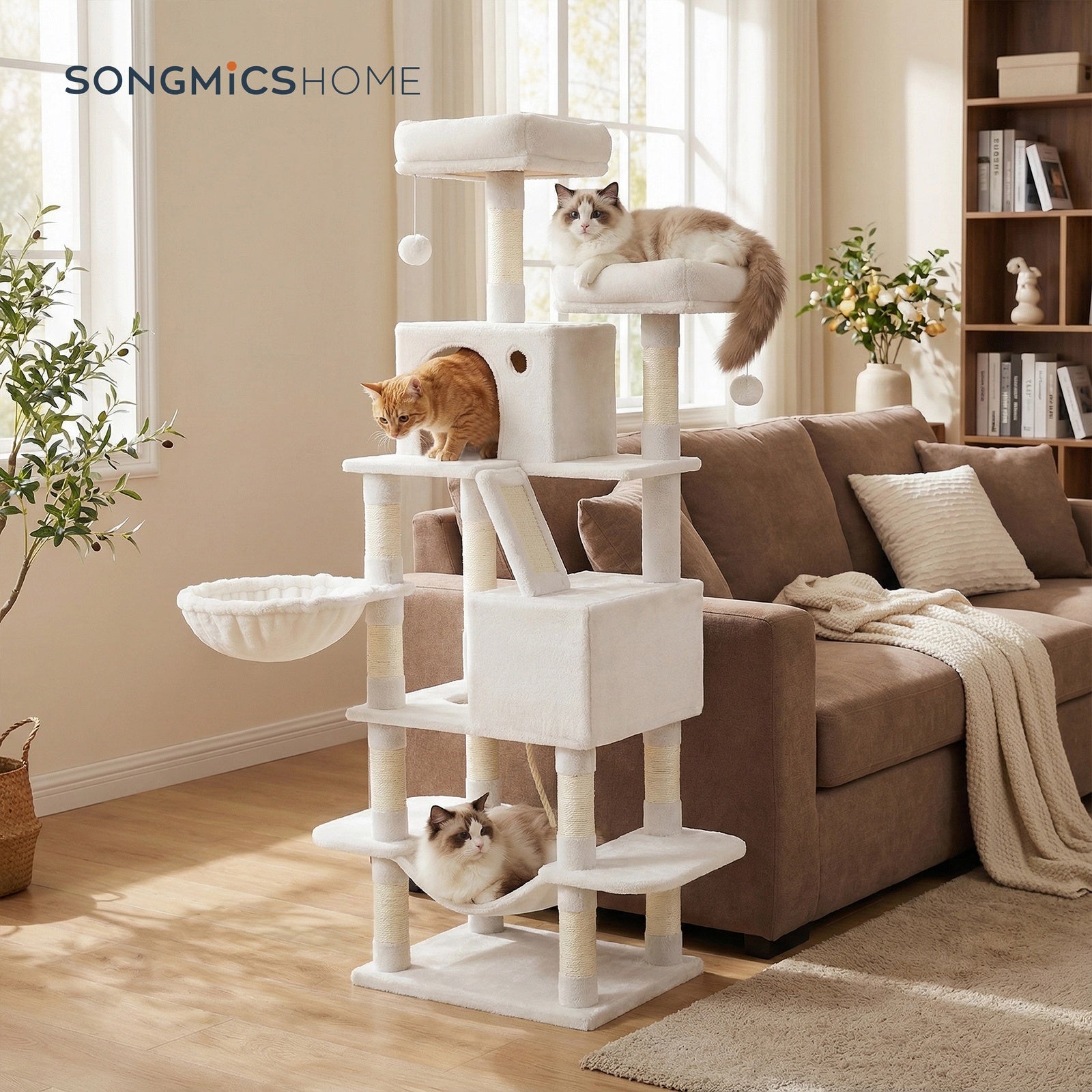 JOYFURNOS Arbre à chat, grande tour pour chat de 168 cm avec 13 poteaux à griffer, 1 rampe à griffer, 2 perchoirs, 2 niches, panier, hamac, pompons, blanc crème