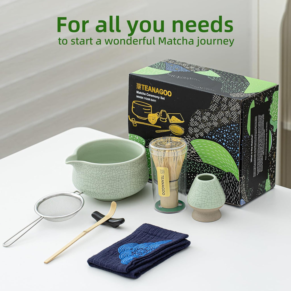 TEANAGOO Kit matcha de cérémonie avec fouet en bambou et porte-fouet, bol en céramique, cuillère en bambou et support, tamis et serviette - Vert clair pro
