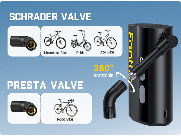 Fanttik X9 Ace Mini pompe à vélo pour gonflage rapide en 32 secondes avec manomètre, 150 psi et compatible valves Presta et Schrader