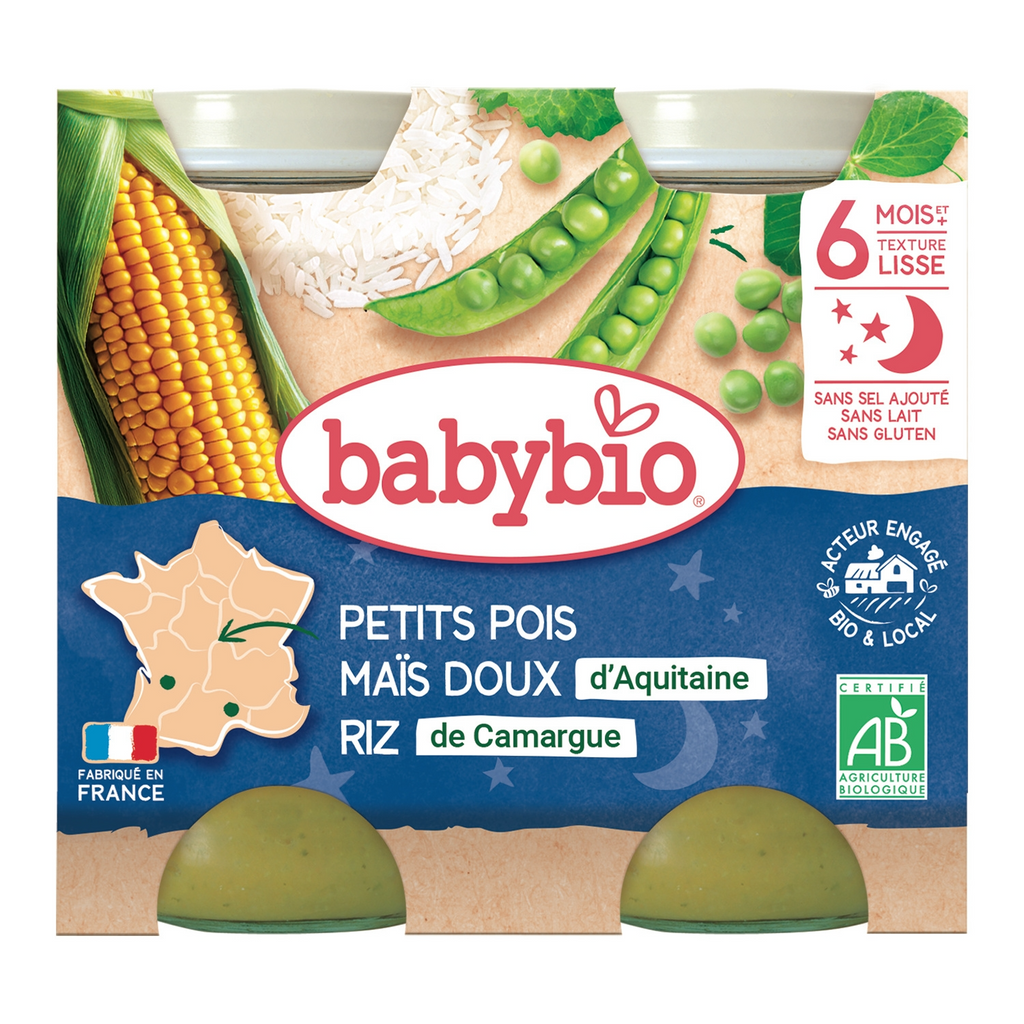 BABYBIO Repas de Dîner pour Bébé Bio Pois, Maïs, Riz Dès 6 Mois 2x200 g