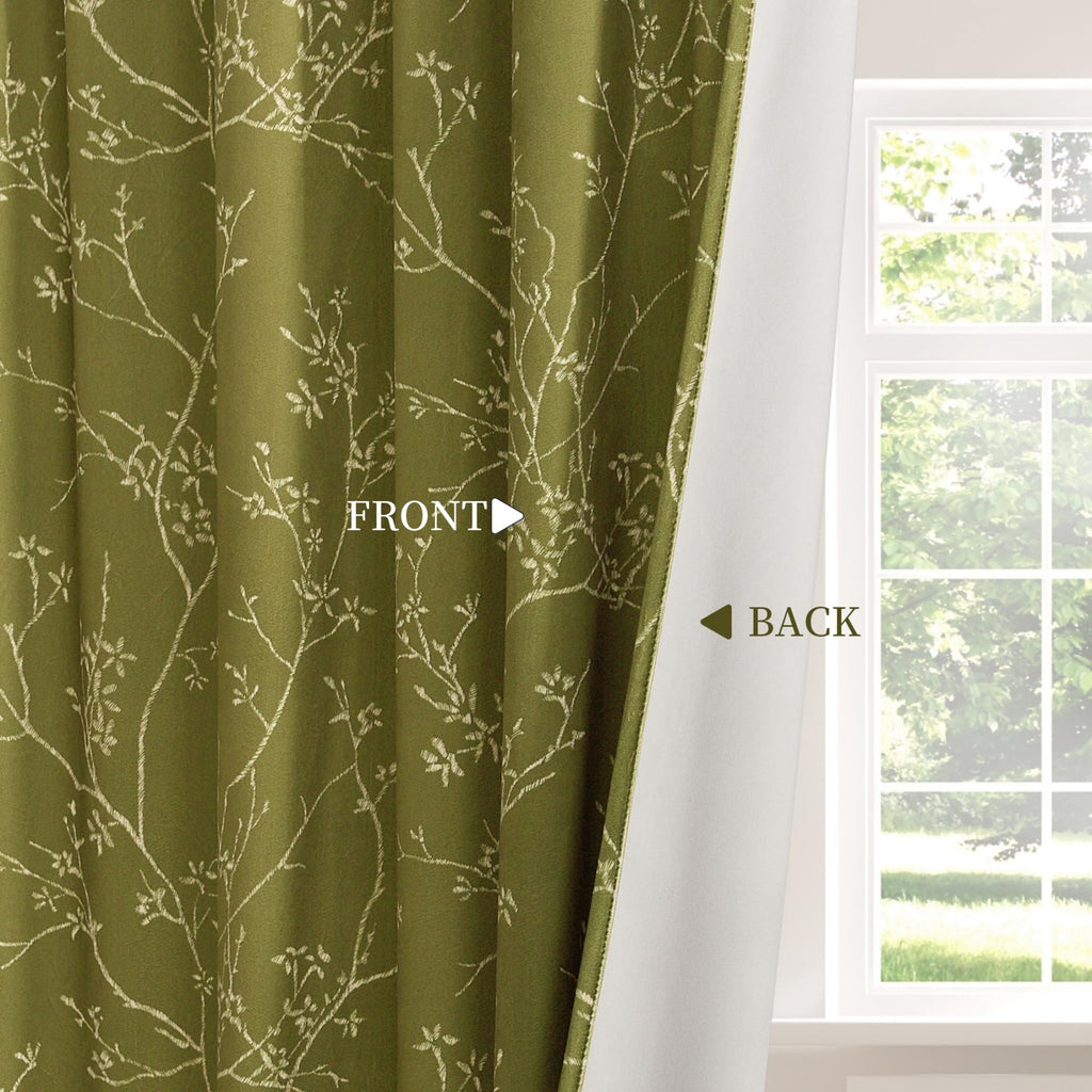 PONY DANCE Rideaux en Velours Imprimé Floral à Lanières Arrière Isolants Thermiques Draperies de Fenêtre Filtrantes pour Chambre/Salon, 2 Panneaux, l 127 x L 220 cm, Vert Olive