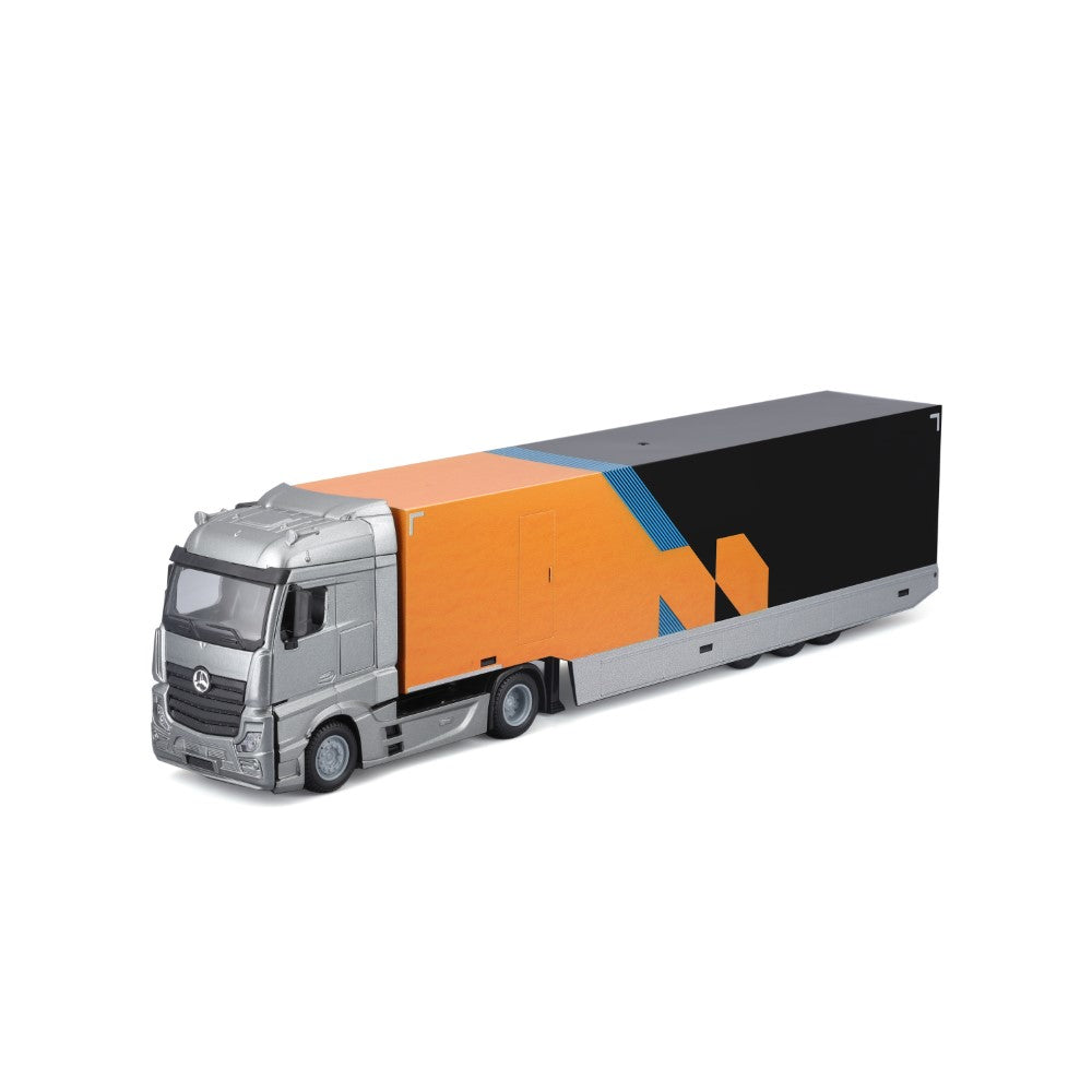 Bburago Camion de Transport de l'Équipe McLaren Racing Team Échelle 1/43 avec Voiture de Formule 1 MCL38 Pack