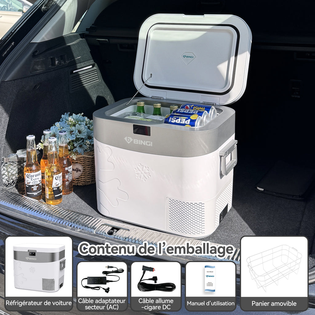 BINGI Réfrigérateur-congélateur portable pour voiture 22 L, double alimentation 12 V/24 V CC et 100-240 V CA, température réglable de -18 ℃ à 15 ℃