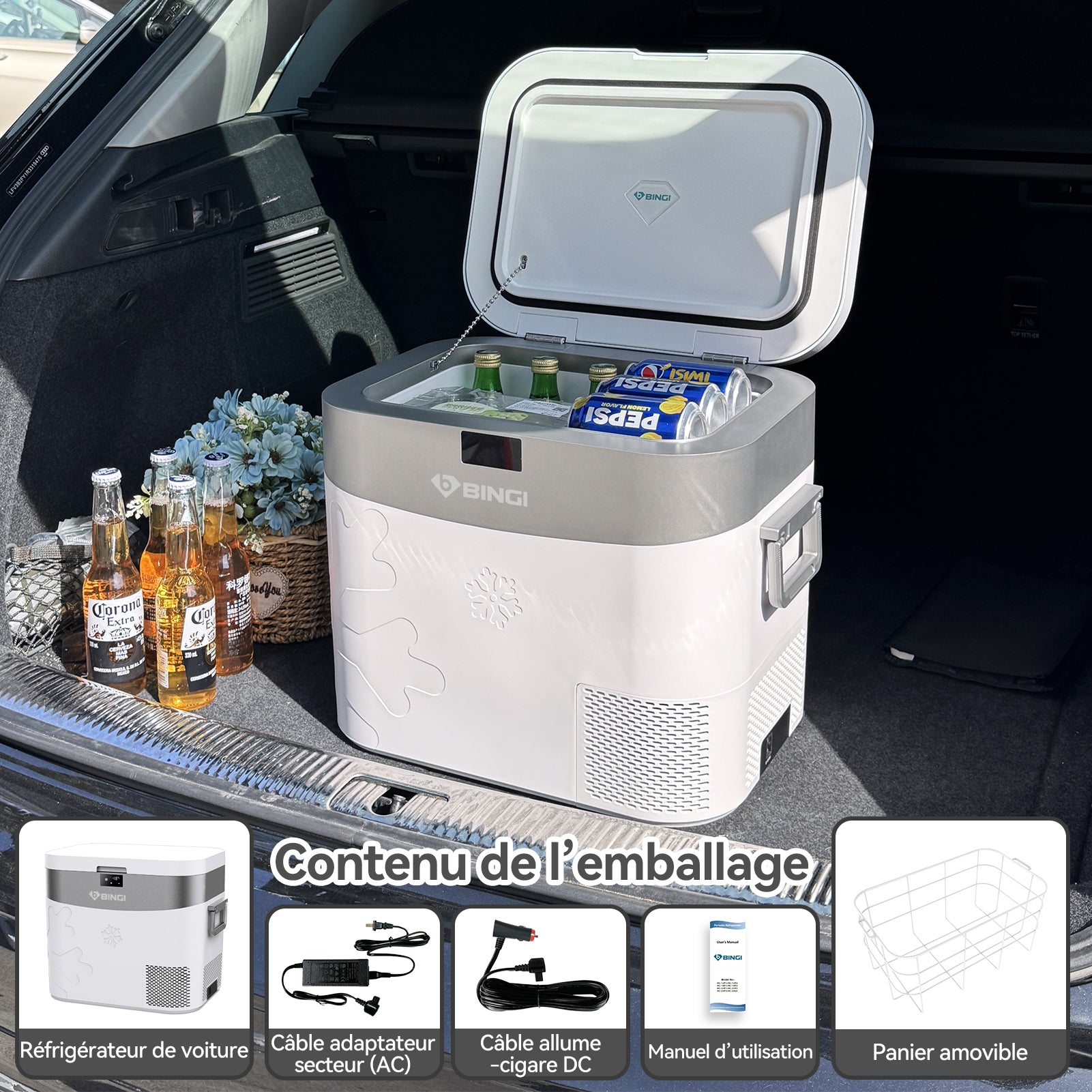 BINGI Réfrigérateur-congélateur portable pour voiture 22 L, double alimentation 12 V/24 V CC et 100-240 V CA, température réglable de -18 ℃ à 15 ℃