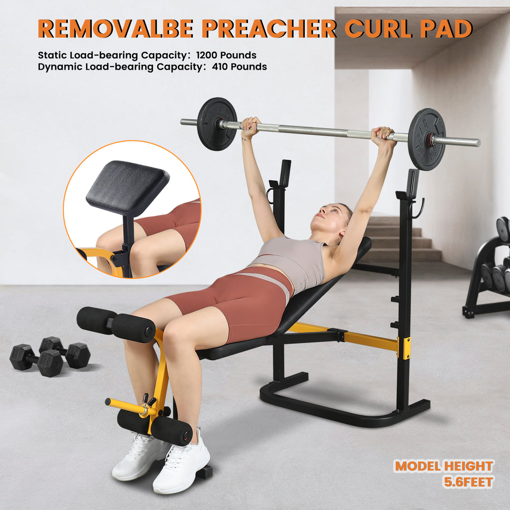 SPORTSOUL Banc d'haltérophilie réglable avec développateur de jambes et rangement pliable, convient aux barres de 6' et 7', équipement de gym pour la maison et le commercial