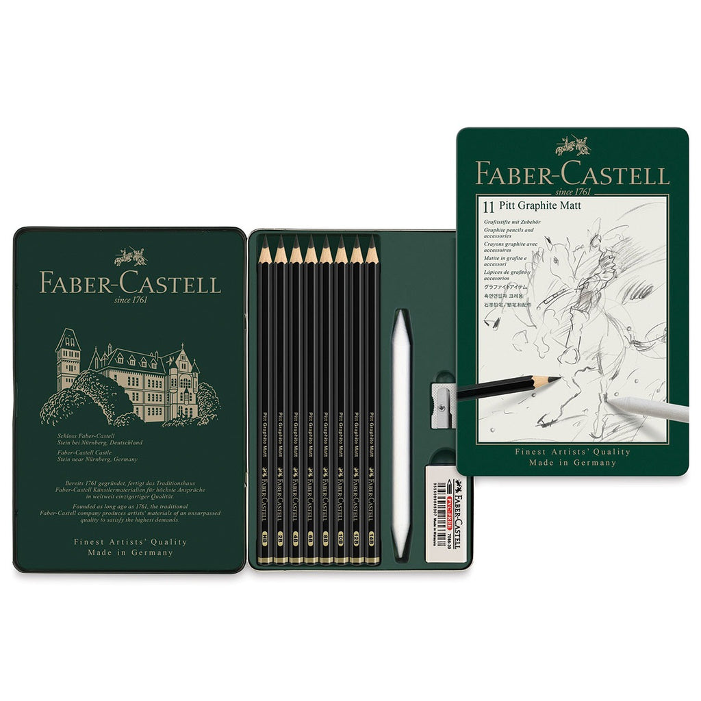 FABER-CASTELL Pitt Graphite Mat Lot de 11 crayons avec accessoires et boîte en métal