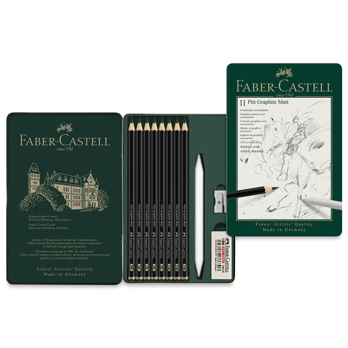 FABER-CASTELL Pitt Graphite Mat Lot de 11 crayons avec accessoires et boîte en métal