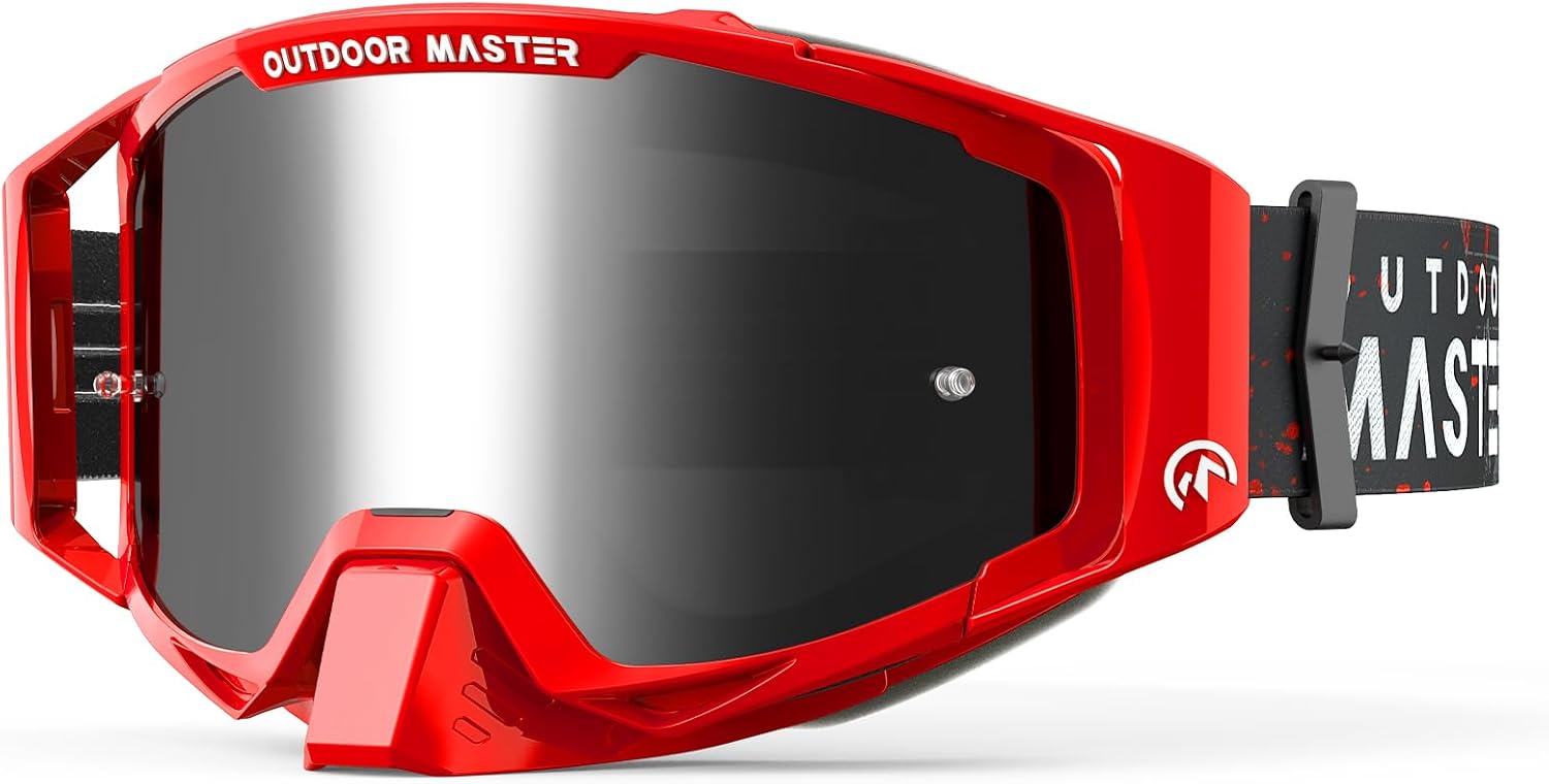 OutdoorMaster Mustang Lunettes OTG pour moto cross, pour hommes, femmes et adolescents, monture rouge, lentilles grises avec finition argent