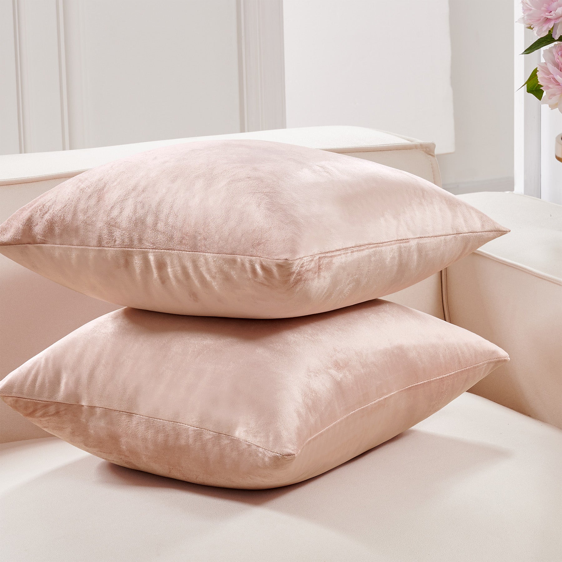 Deconovo Housse de coussin en velours néerlandais, coloris rose poudré, 45 x 45 cm, 1 pièce