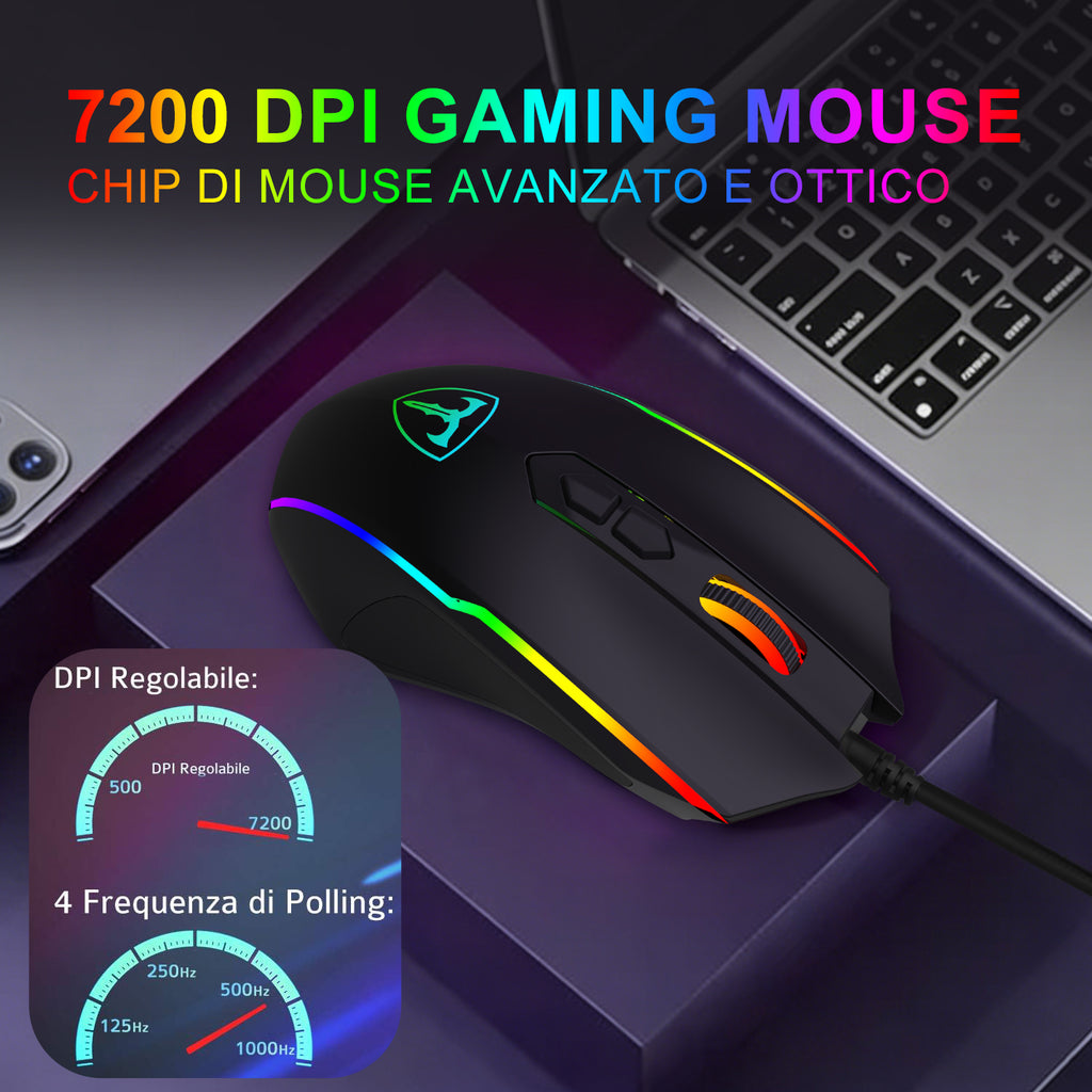 ET Souris de jeu filaire USB haute performance avec 7200 PPP réglables, RVB, 8 boutons programmables, ergonomique, PC/Mac – Noir