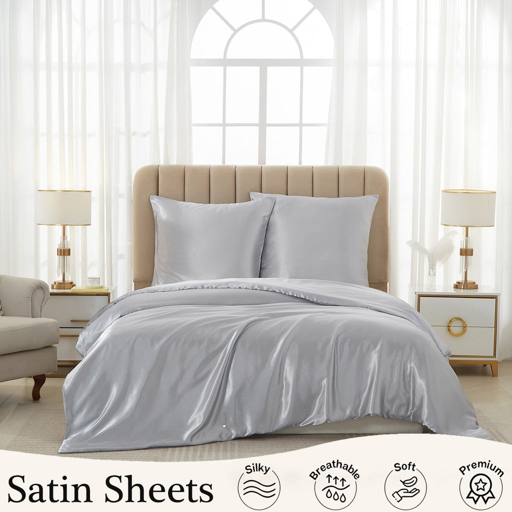 MEEALLHOME Parure de lit satinée gris - 1 housse 155 x 220 cm et 2 taies 80 x 80 cm