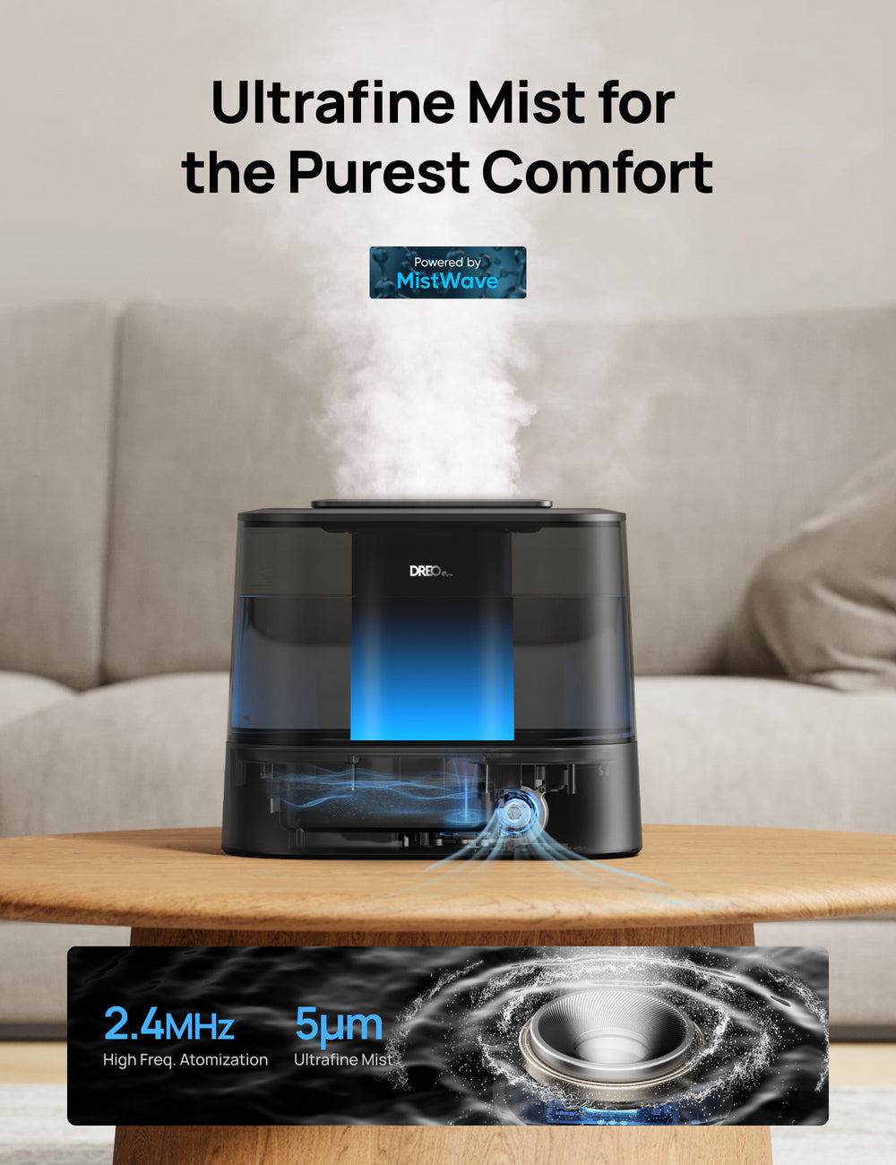 DREO Humidificateur ultrasonique intelligent – Réservoir d’eau 4 L, Autonomie 30 h, Contrôle intelligent par application, 6 niveaux de brume, Ultra-silencieux, Diffuseur d’arômes