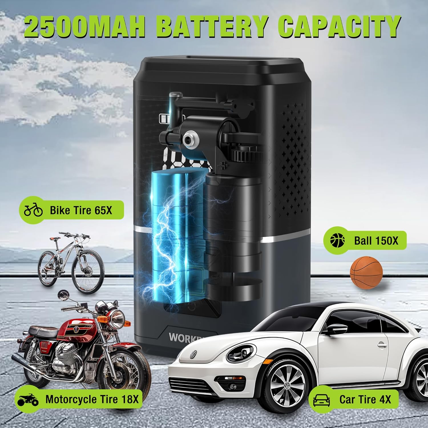 WORKPRO Pompe à air électrique 150 PSI (10,3 bar), Compresseur d’air sur batterie 7,2 V 2500 mAh