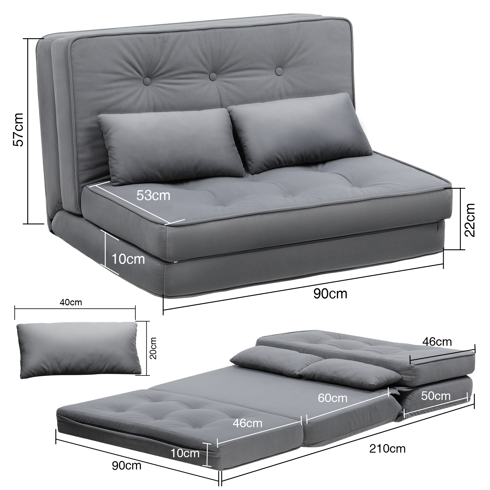 COMHOMA Canapé de sol pliant 3-en-1, Canapé-lit avec dossier réglable à 6 niveaux, 2 coussins lombaires, Pour salon, chambre et camping, Gris