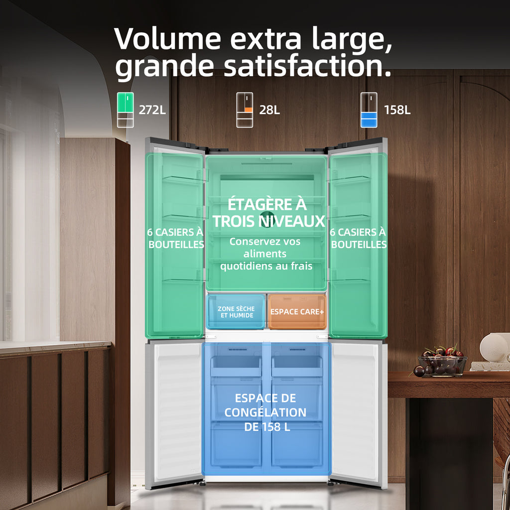 CHiQ Réfrigérateur à portes croisées 458 L, Design encastrable affleurant KITFIT, 191 cm H, Zone Care+ et contrôle de l’humidité, Inverter intelligent, Acier argenté élégant (JR460WSE)