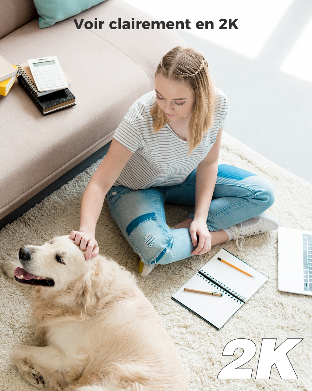 COCOCAM Caméra de sécurité intérieure 2K Wi-Fi panoramique et inclinable avec batterie 5200 mAh sans fil, reconnaissance IA, détection humaine PIR, compatible Alexa, 2,4 GHz