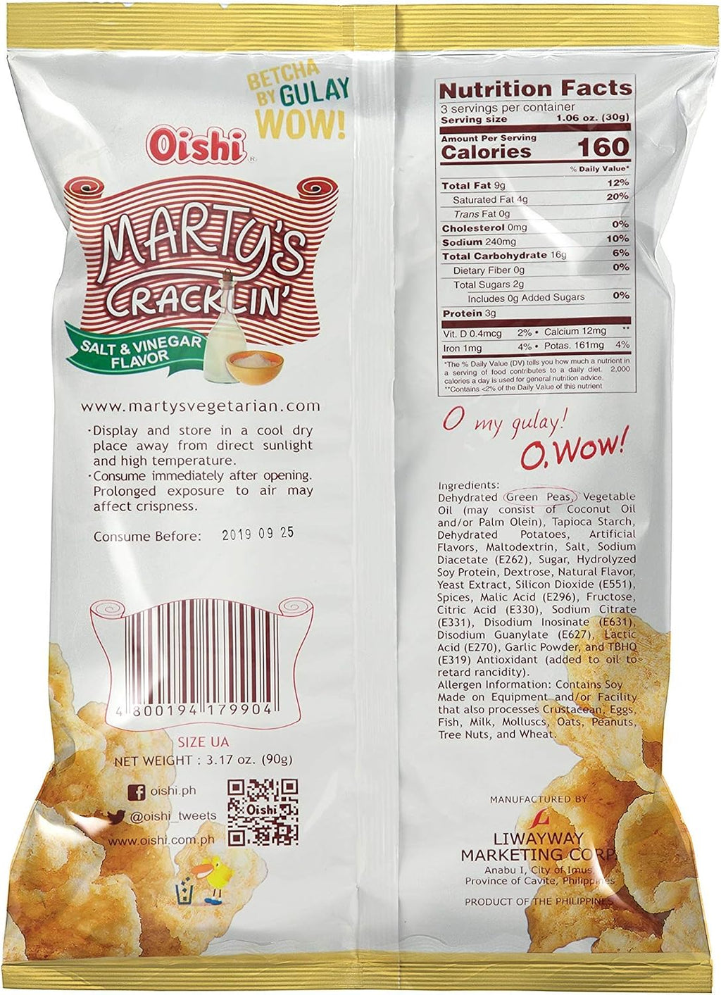 Oishi Marty's Cracklin' Chicharon au sel & vinaigre - 90 g