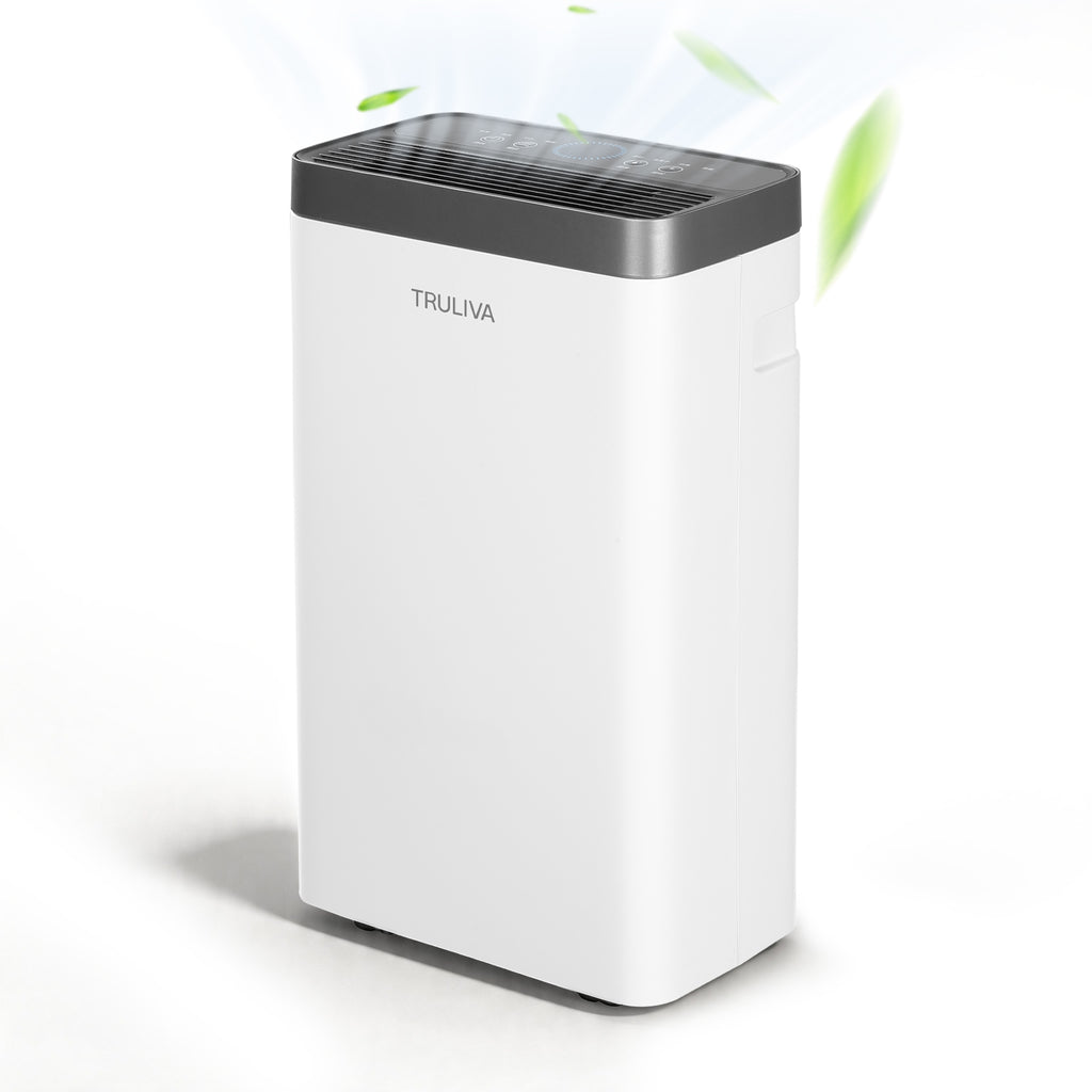 TRULIVA Déshumidificateur pour la maison, jusqu’à 32 m², minuterie 24 h, dégivrage automatique, séchage du linge, vidage continu, idéal pour les appartements humides, AP10-2012EE