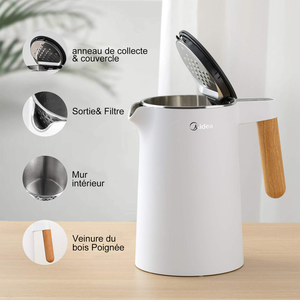 Midea Bouilloire électrique en acier inoxydable - 1,5 L - 2200 W - Ébullition rapide - Contrôle de la température - Maintien au chaud de 45 à 100 °C - Affichage LED - Double paroi - Sans BPA - Blanc
