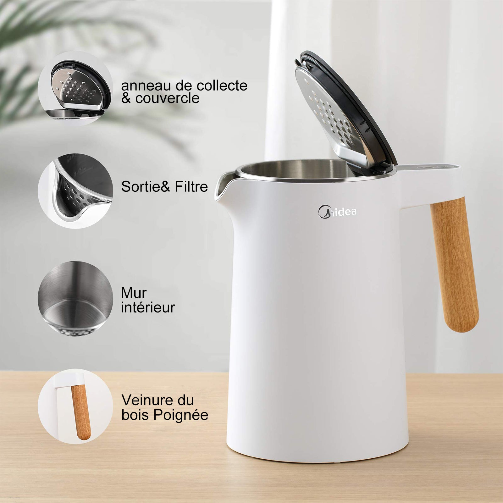 Midea Bouilloire électrique en acier inoxydable - 1,5 L - 2200 W - Ébullition rapide - Contrôle de la température - Maintien au chaud de 45 à 100 °C - Affichage LED - Double paroi - Sans BPA - Blanc