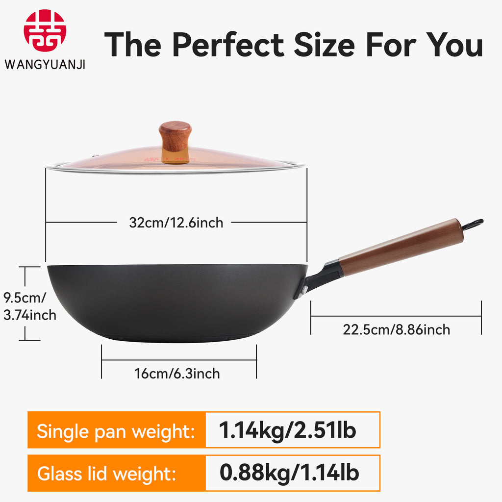 Wangyuanji 12,6" Wok léger en acier au carbone, wok en fer chinois avec couvercle en verre - Fond plat texturé nid d'abeille pour antiadhésif physique, compatible avec toutes les plaques de cuisson