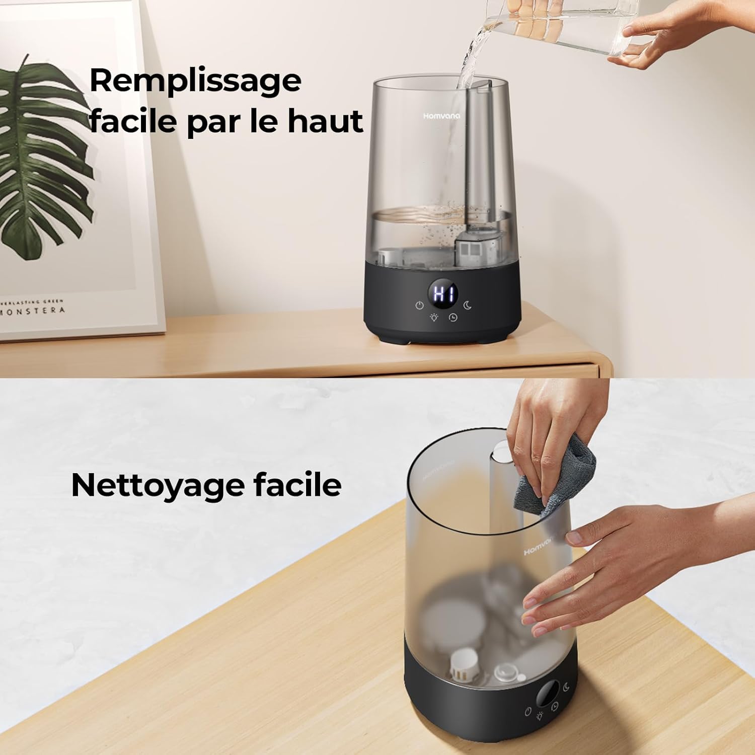 Homvana Humidificateur H101 3,6 L Noir - Remplissage par le haut, Pulvérisation silencieuse, Autonomie 34 h, Silencieux 16 dB, Diffuseur d'arômes et veilleuse