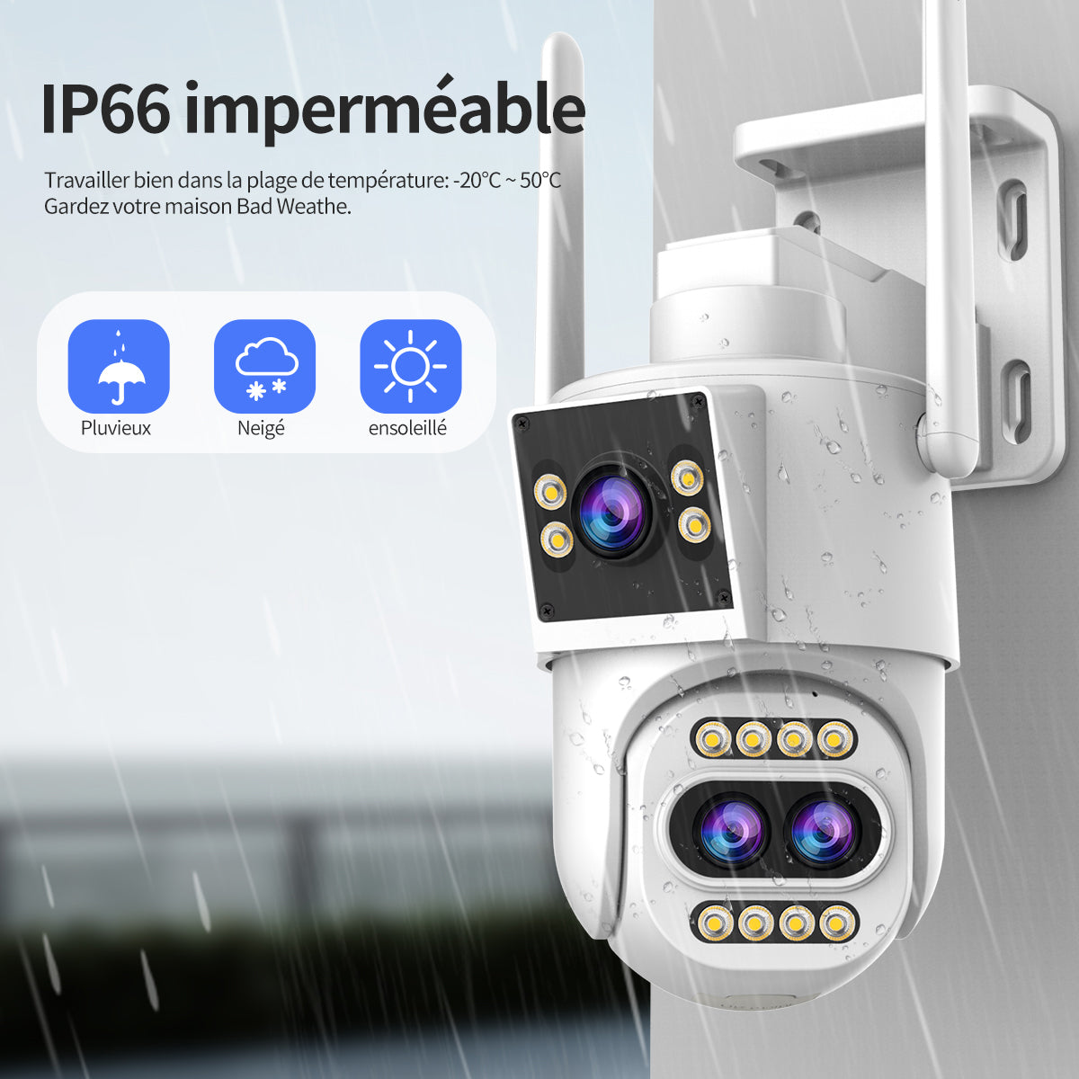 JOOAN Caméra de surveillance extérieure, 3 objectifs, 2 vues, zoom optique 10x et suivi automatique, IP PTZ 360°, Wi‑Fi 2,4 GHz filaire, IP66 étanche, alarme de détection de mouvement, stockage carte 8–256 Go/Cloud, notification SMS