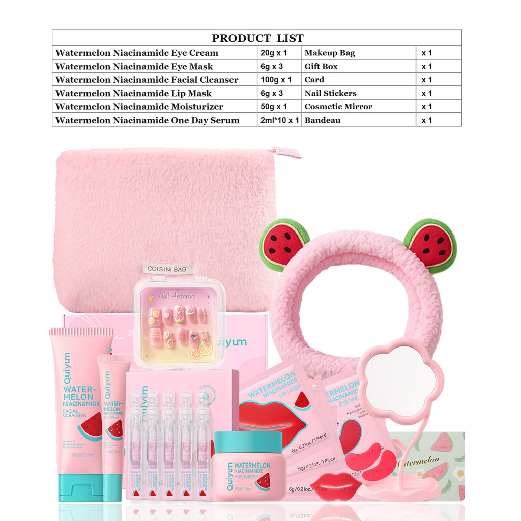 QUIYUM Coffret de soins à la pastèque - Nettoyant 100 g, Sérum 2 ml × 10, Crème contour des yeux 20 g, Masques pour le contour des yeux 6 g × 3, Masques pour les lèvres 6 g × 3