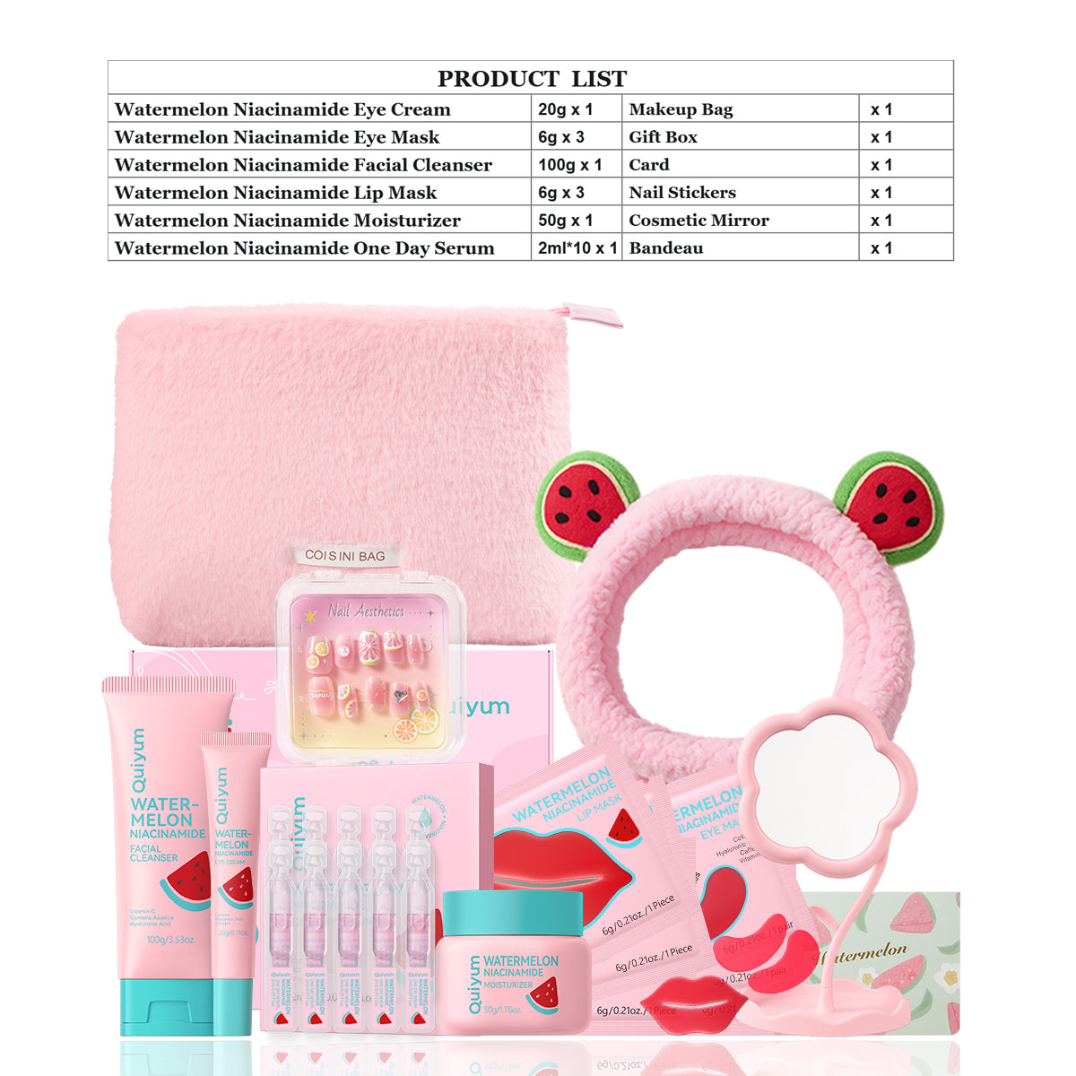 QUIYUM Coffret de soins à la pastèque - Nettoyant 100 g, Sérum 2 ml × 10, Crème contour des yeux 20 g, Masques pour le contour des yeux 6 g × 3, Masques pour les lèvres 6 g × 3