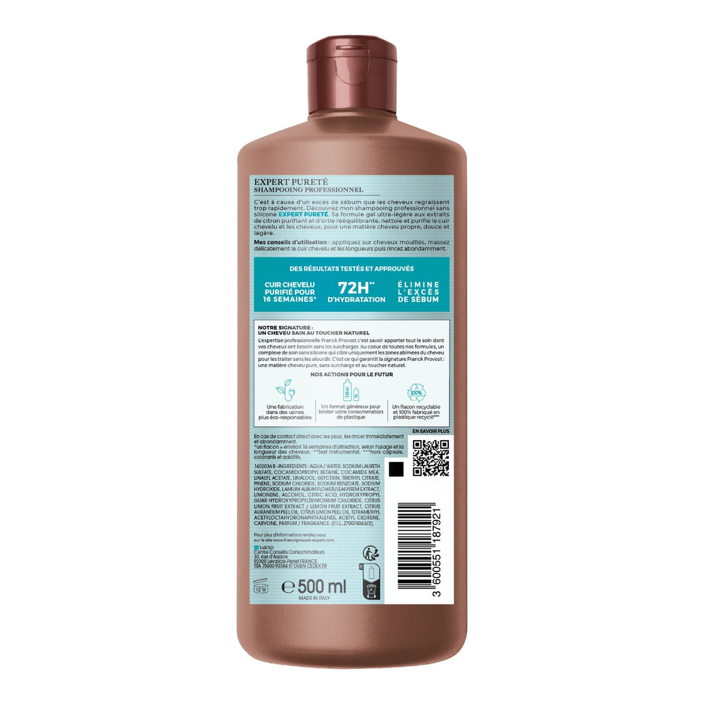 Franck Provost Expert Pureté Shampooing Professionnel Citron & Ortie Cheveux Gras Sans Silicone 500ml