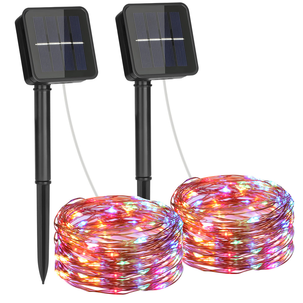 VIVREAL IL-CSL-BB01 Lot de 2 guirlandes lumineuses en fil de cuivre pour extérieur avec panneau solaire, 80 LED colorées, 8 modes d’éclairage - 7,6 m
