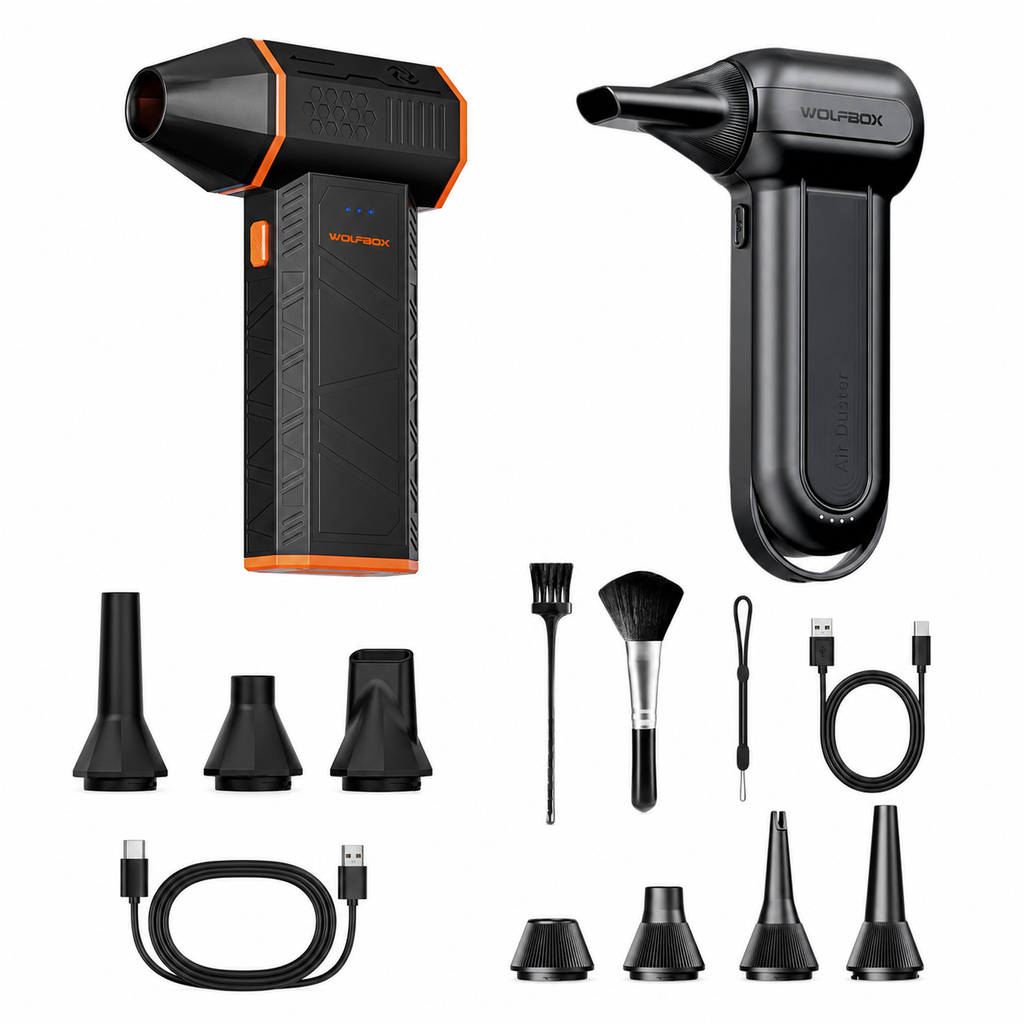 MF50 + DF100 (MF100-Noir) Pack d'air souffleur électrique WOLFBOX, Mini souffleur d'air pour voiture 110 000 tr/min + Souffleur sans fil sans balais 150 000 tr/min pour ordinateur