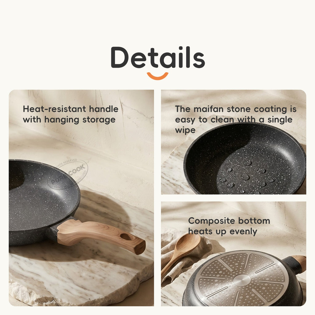PURE COOK Poêle antiadhésive avec manche en bois | 20 cm | Poêle à frire en aluminium avec revêtement en marbre pour la cuisine au quotidien