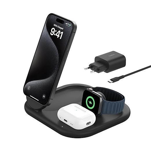 Belkin BOOST CHARGE station de charge sans fil Qi2 3-en-1, 15 W, noir