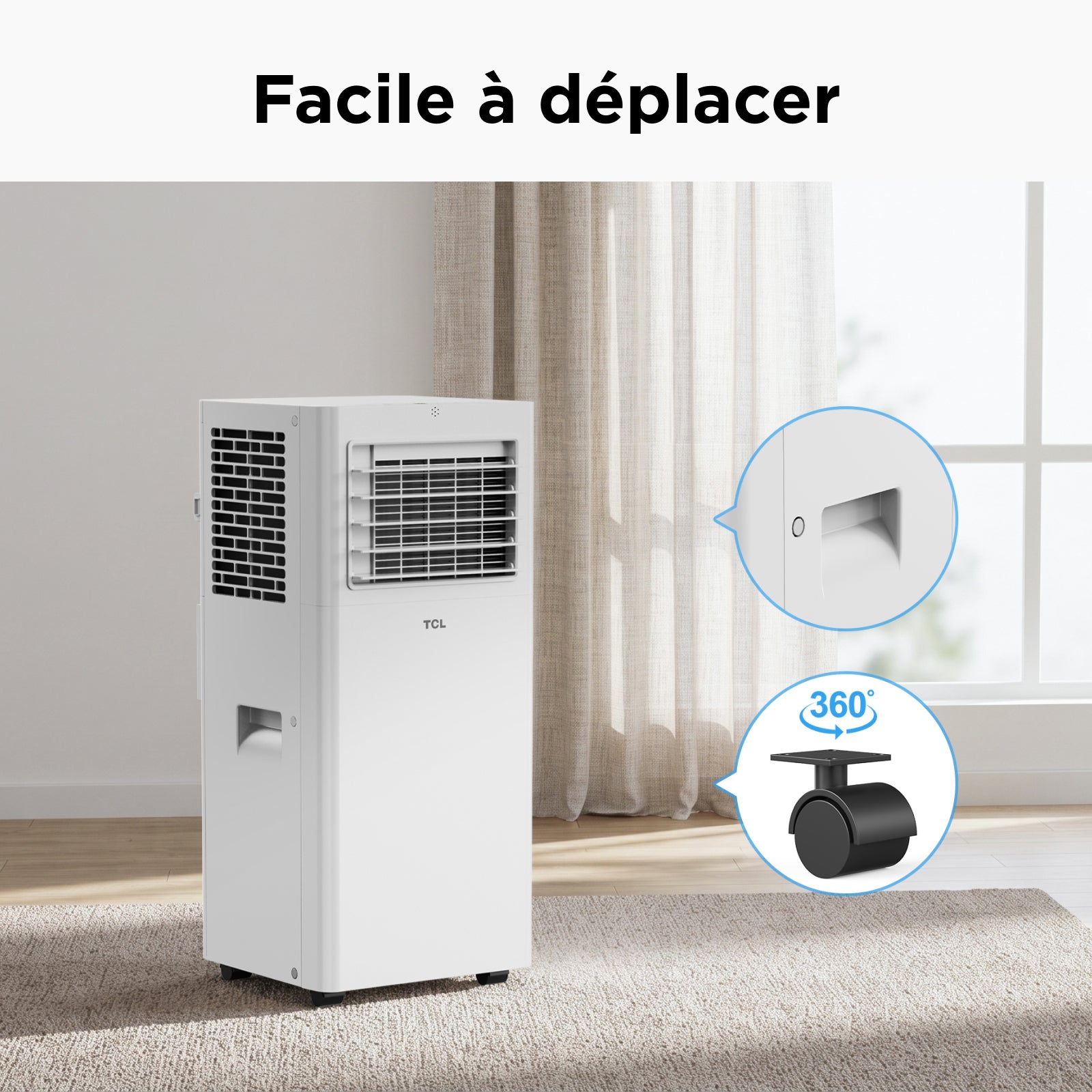 Climatiseur mobile TCL 9000 BTU, Mode 3 en 1 refroidissement / ventilateur / déshumidificateur, Refroidissement uniquement, Télécommande, Kit pour fenêtre coulissante inclus, Classe énergétique A.