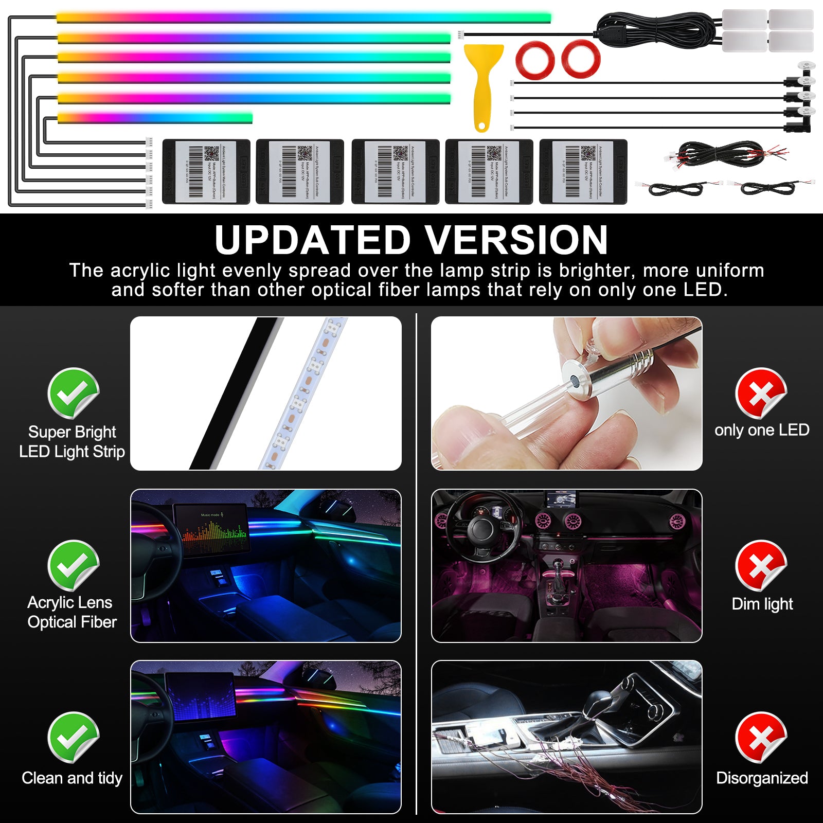 Dreamcolor Ruban LED en acrylique pour intérieur de voiture avec contrôle via application, RGB 14-en-1, 175 pouces, 593 LED néon et synchronisation musicale