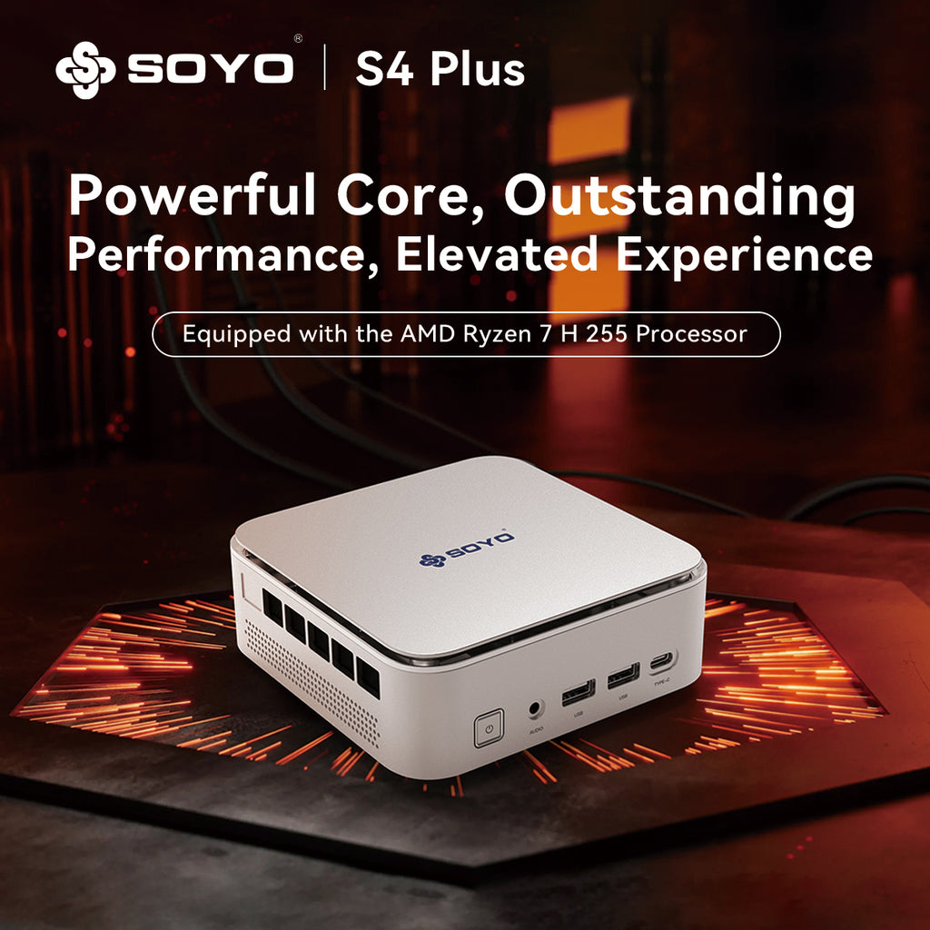 SOYO S4PLUS Mini PC Ryzen 7 H 255 (8 cœurs / 16 threads, jusqu'à 4,9 GHz) Mini ordinateur de bureau 24 Go LPDDR5 RAM 512 Go SSD PCIe 3.0