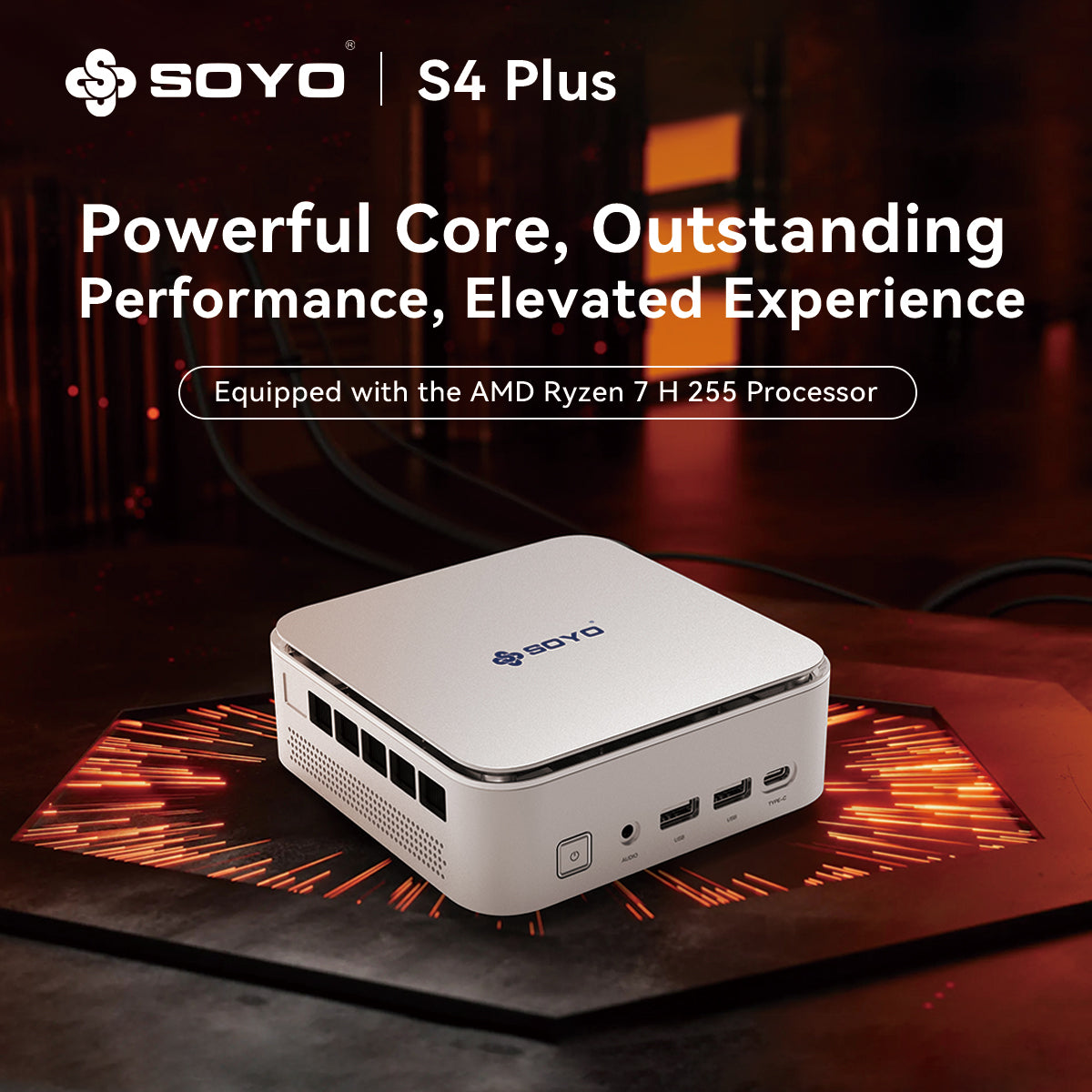 SOYO S4PLUS Mini PC Ryzen 7 H 255 (8 cœurs / 16 threads, jusqu'à 4,9 GHz) Mini ordinateur de bureau 24 Go LPDDR5 RAM 512 Go SSD PCIe 3.0