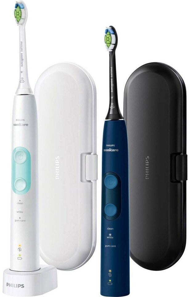 Philips Sonicare ProtectiveClean 5100 HX6851/34 - Brosses à dents électriques avec 3 modes de brossage, capteur de pression, minuterie et étui de voyage, lot de 2, blanc et bleu